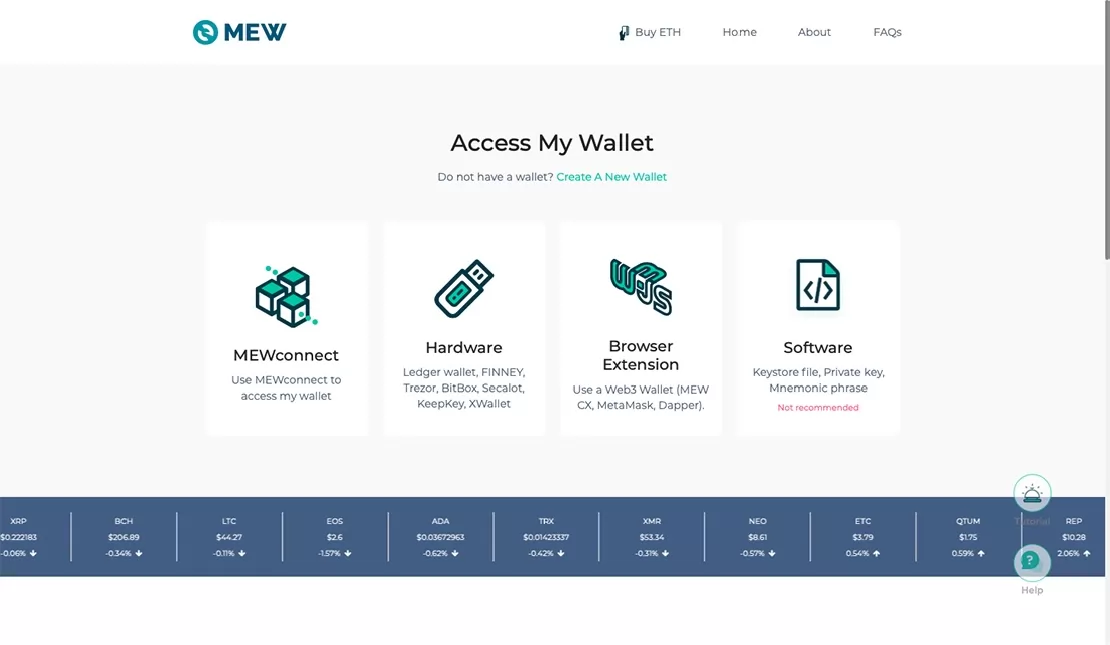 MyEtherWallet hozzáférés fajtájának kiválasztására szolgáló online felület. 
